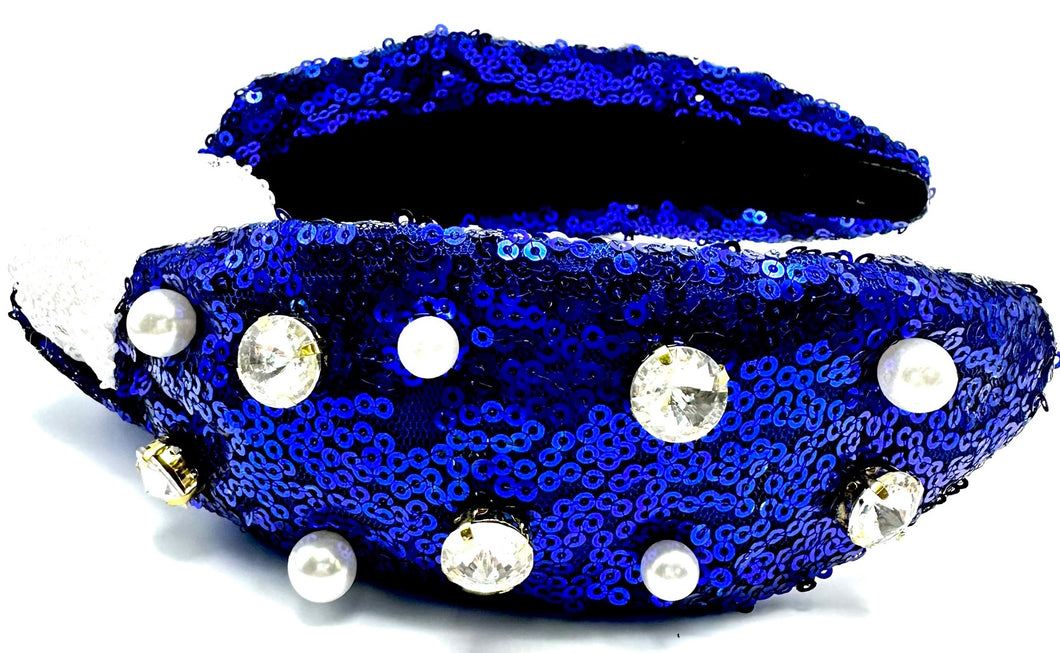 Blue/White Sequin Headband with Jewels