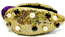 Load image into Gallery viewer, Pruple/Gold Dual Sided Sequin Headband with Jewels