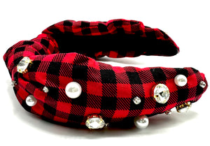 Black/Red Plaid Headband with Pearls
