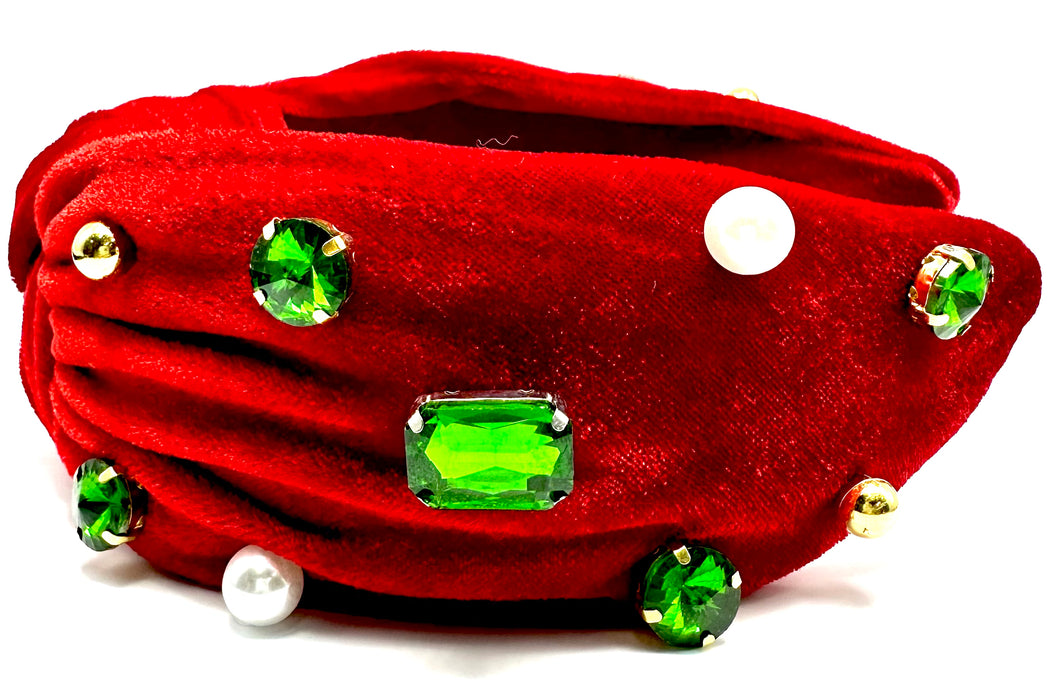 Red velvet with green jewels Headband