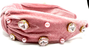 Velvet Light Pink Jewels and Pearls Headband