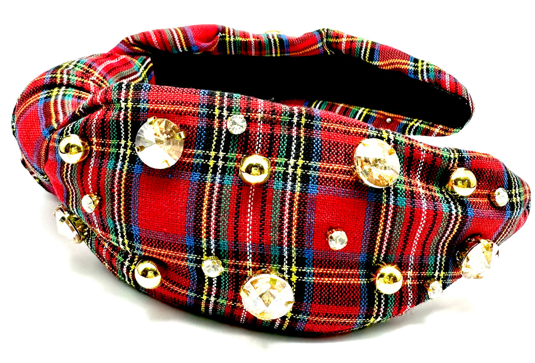 Christmas Plaid Gold Jewels/Pearls Headband