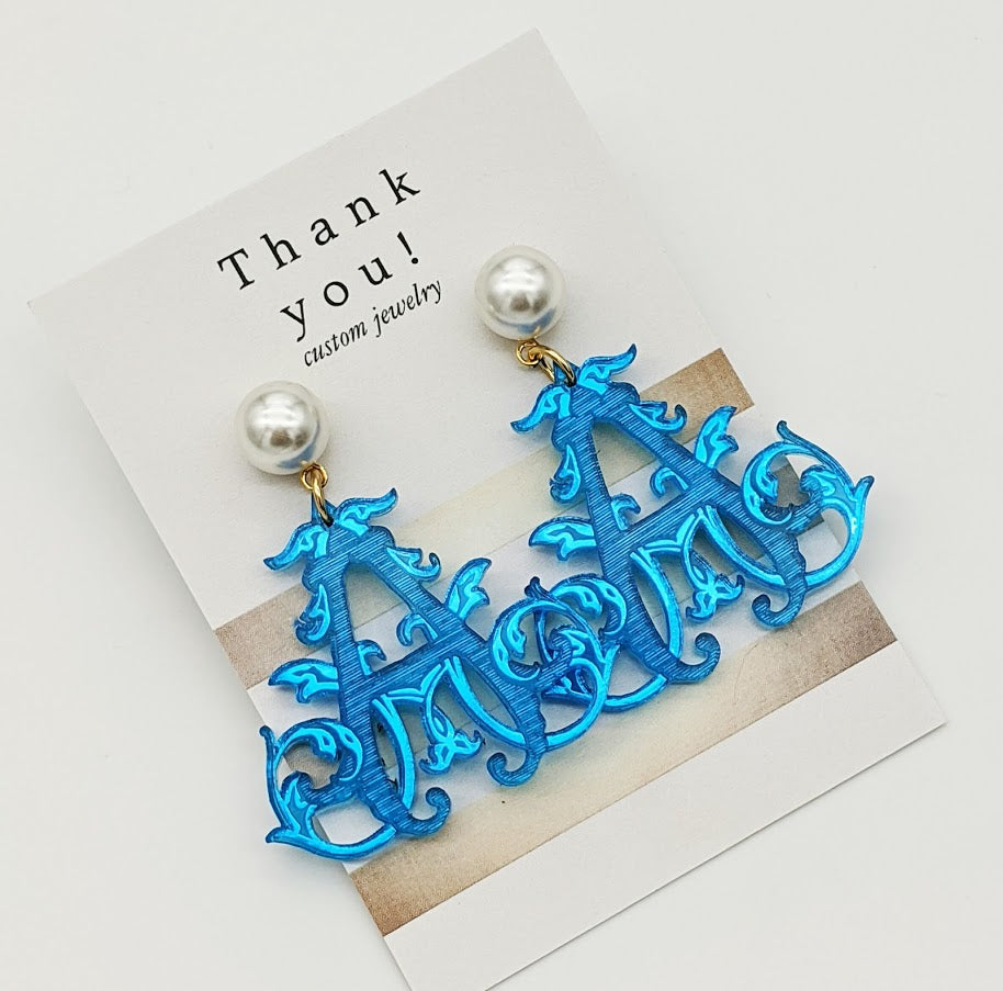 Blue Mirror Monogram Earrings