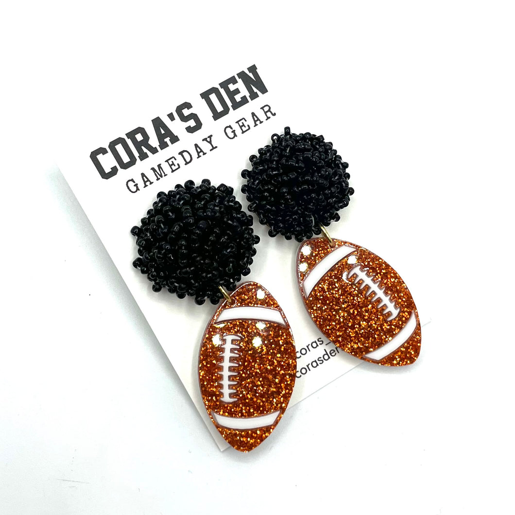 Football Earrings - Orange Glitter