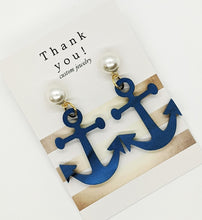 Load image into Gallery viewer, Navy Pearl Anchor Earrings
