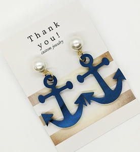 Navy Pearl Anchor Earrings