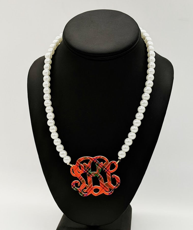 Pattern Monogram Necklace on Pearl Beads