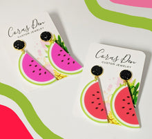 Load image into Gallery viewer, Watermelon Earrings with Black Druzy Studs
