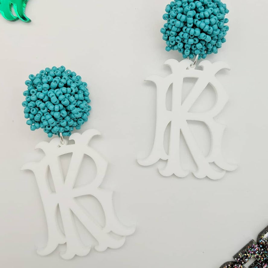 White Matte Monogram Earrings with Turquoise Beaded Studs