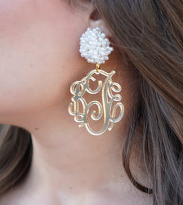 Gold Mirror Monogram Earrings with Pearl Beaded Studs