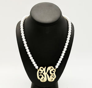 2" Gold Mirror Monogram Necklace on Pearl Beads