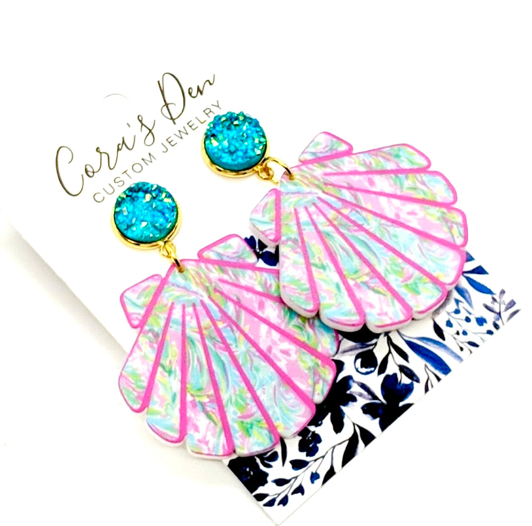 Seashell Earrings with Turquoise Druzy Studs