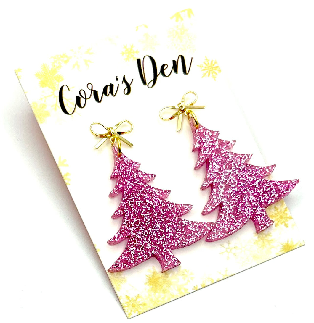 Pink Glitter Tree Earrings