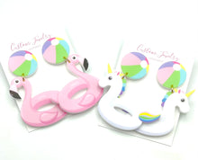 Load image into Gallery viewer, Pool Floatie Flamingo Unicorn Earrings
