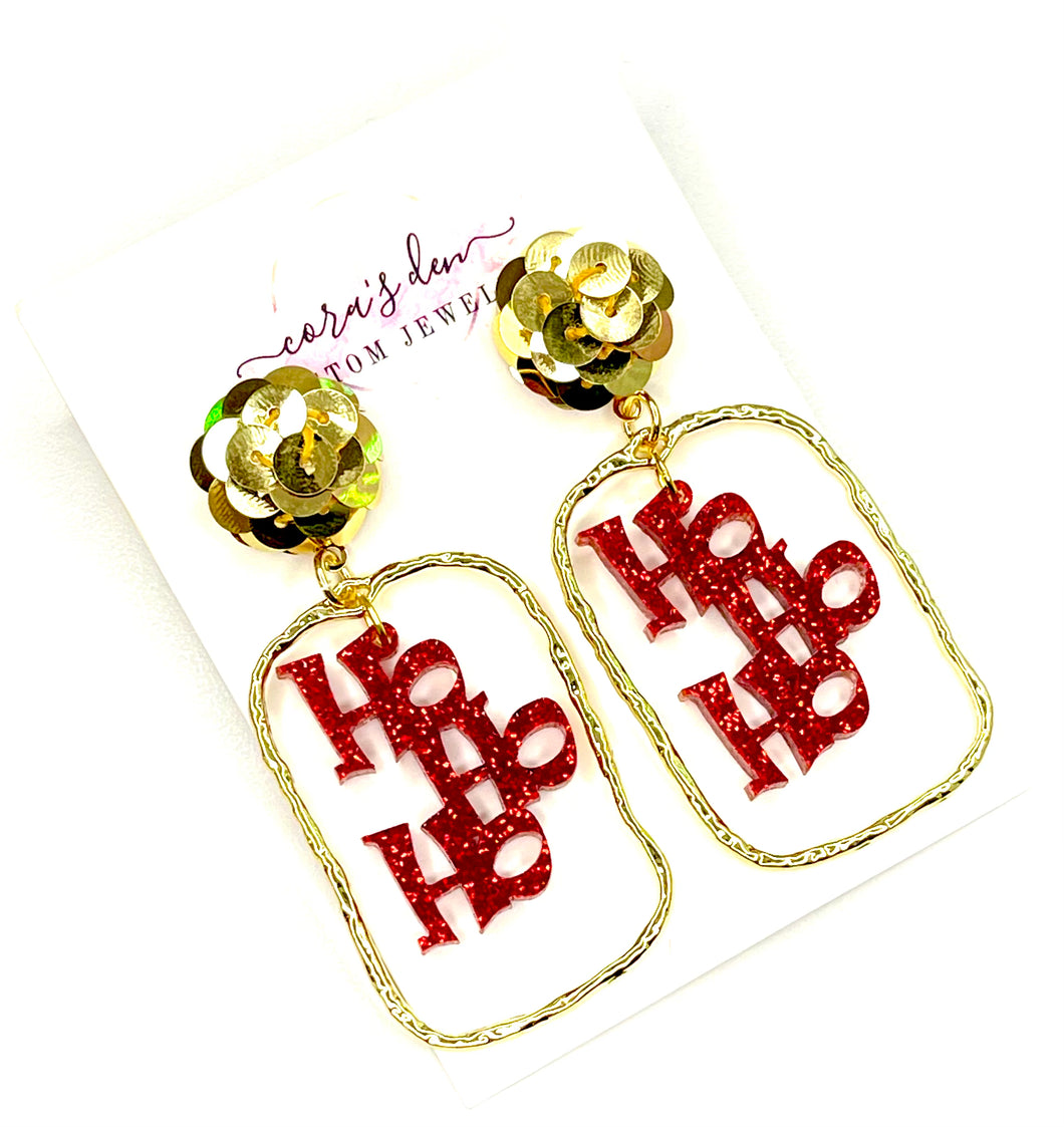HoHoHo Frame Earrings with Gold Sequin top