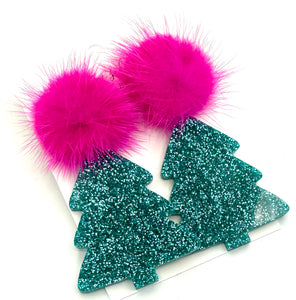 Aqua Glitter Christmas Tree Earrings