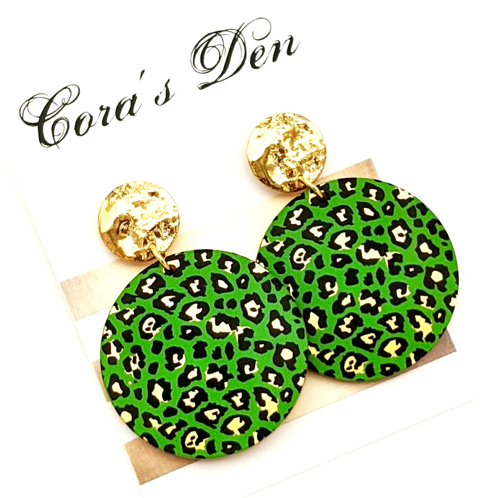Green Leopard Disc Earrings